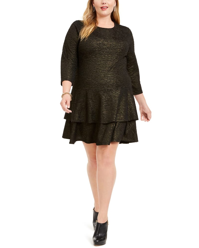 Front of a model wearing a size 2X Michael Kors Women's Plus Size Metallic Tiered Dress Black Size 2X in Black by Michael Kors. | dia_product_style_image_id:313032